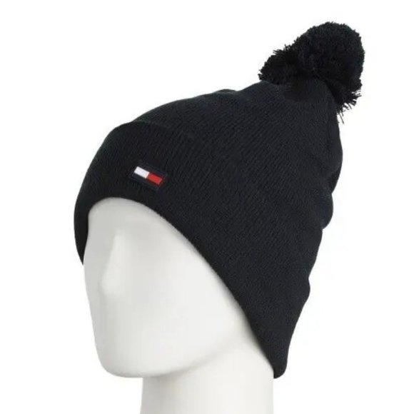 NWT Tommy Hilfiger Unisex Flag Logo Cuff Beanie Winter Pom Pom Hat - One Size - Picture 1 of 5
